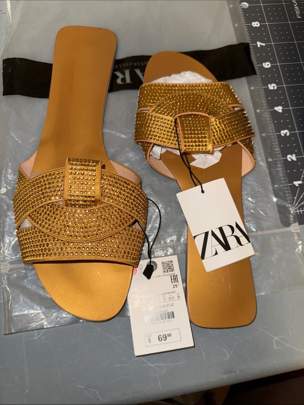 ZARA Gold Embellished Buckle Slide Sandals